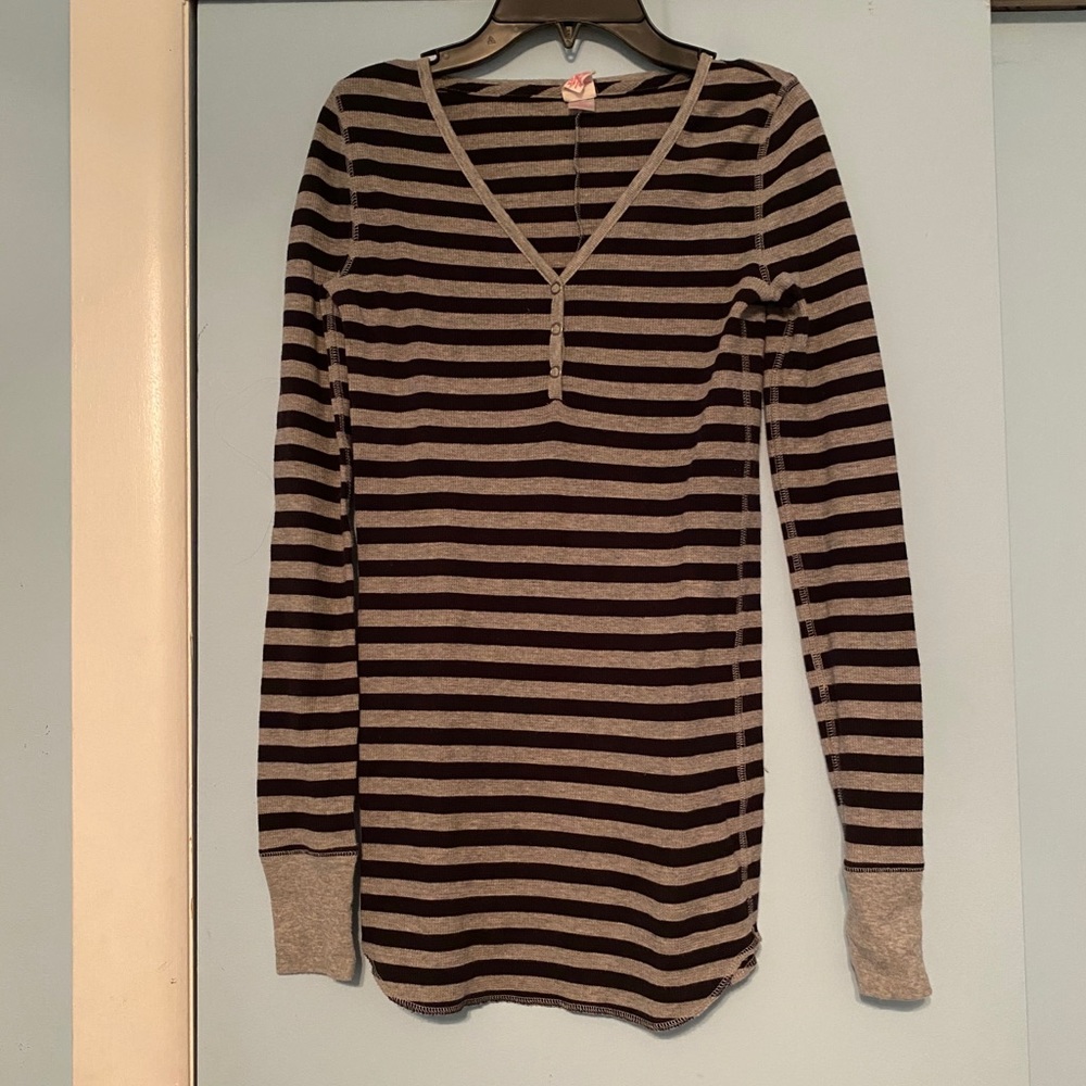 Pink VS Gray and Black Striped Long Sleeve Shirt